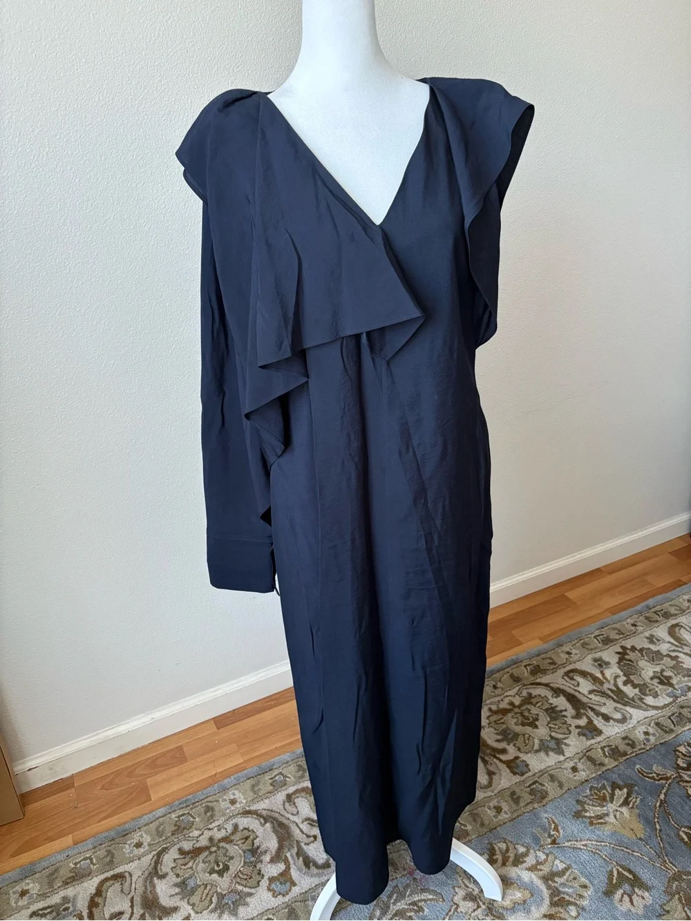 COS Navy Blue Asymmetrical Maxi Dress with Draped Shoulder 8 US